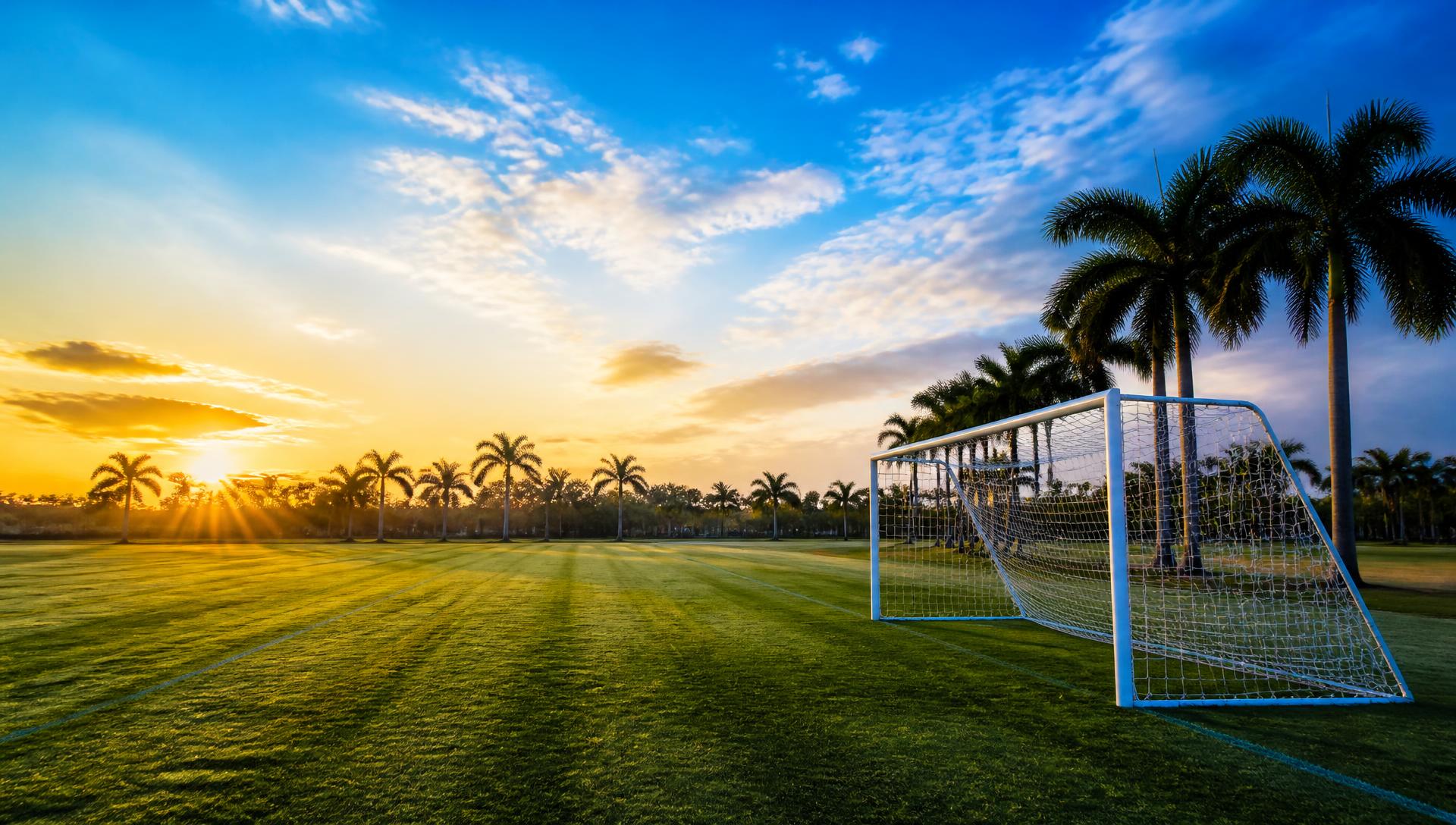 Youth sports field at sunset under stadium lights